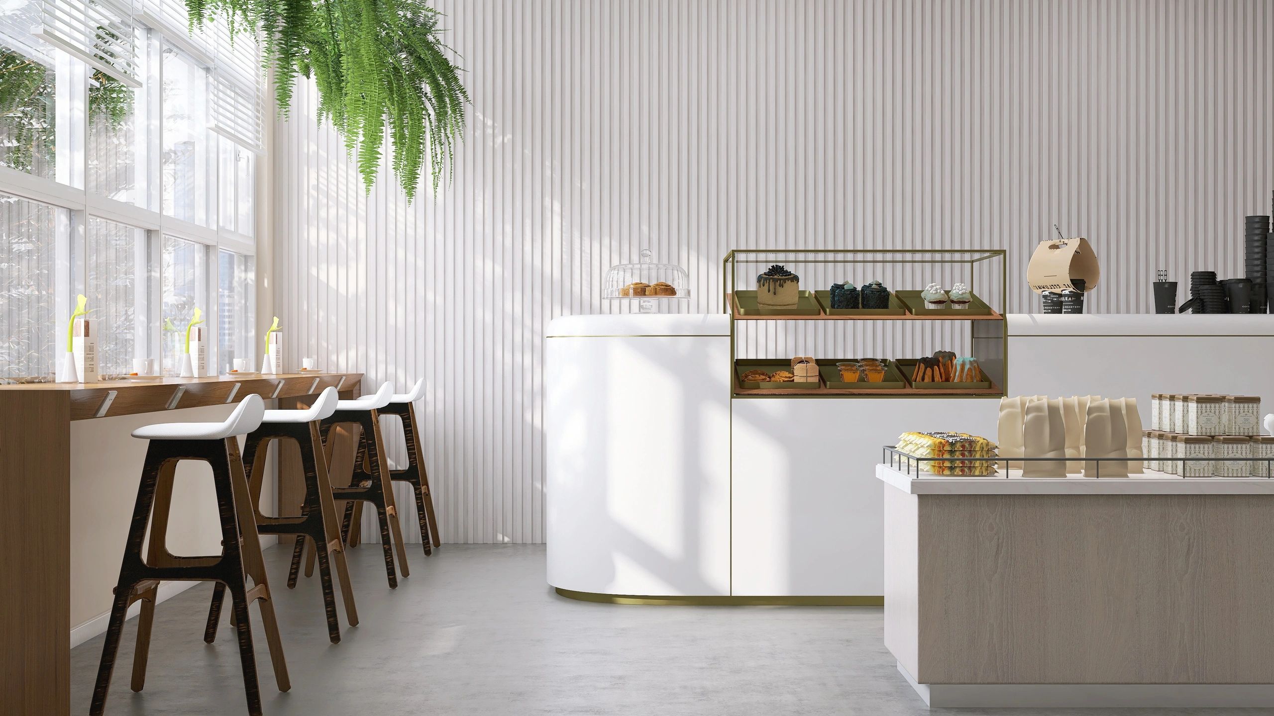 Modern cafe interior with counter and seating